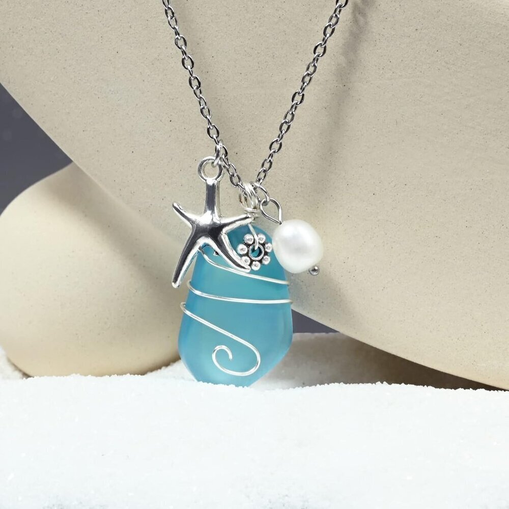 Sea Glass Necklace Handmade Blue Beach Jewelry Adjustable Gift for Women - Picture 4 of 6